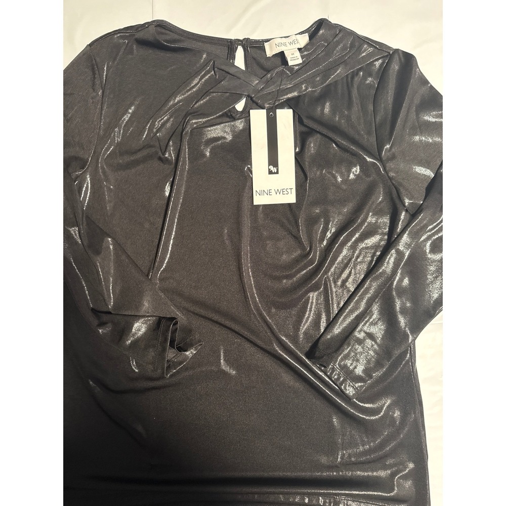 Nine West Mens Black Metallic Twist Front‎ Keyhole Long Sleeve Blouse Top M NWT